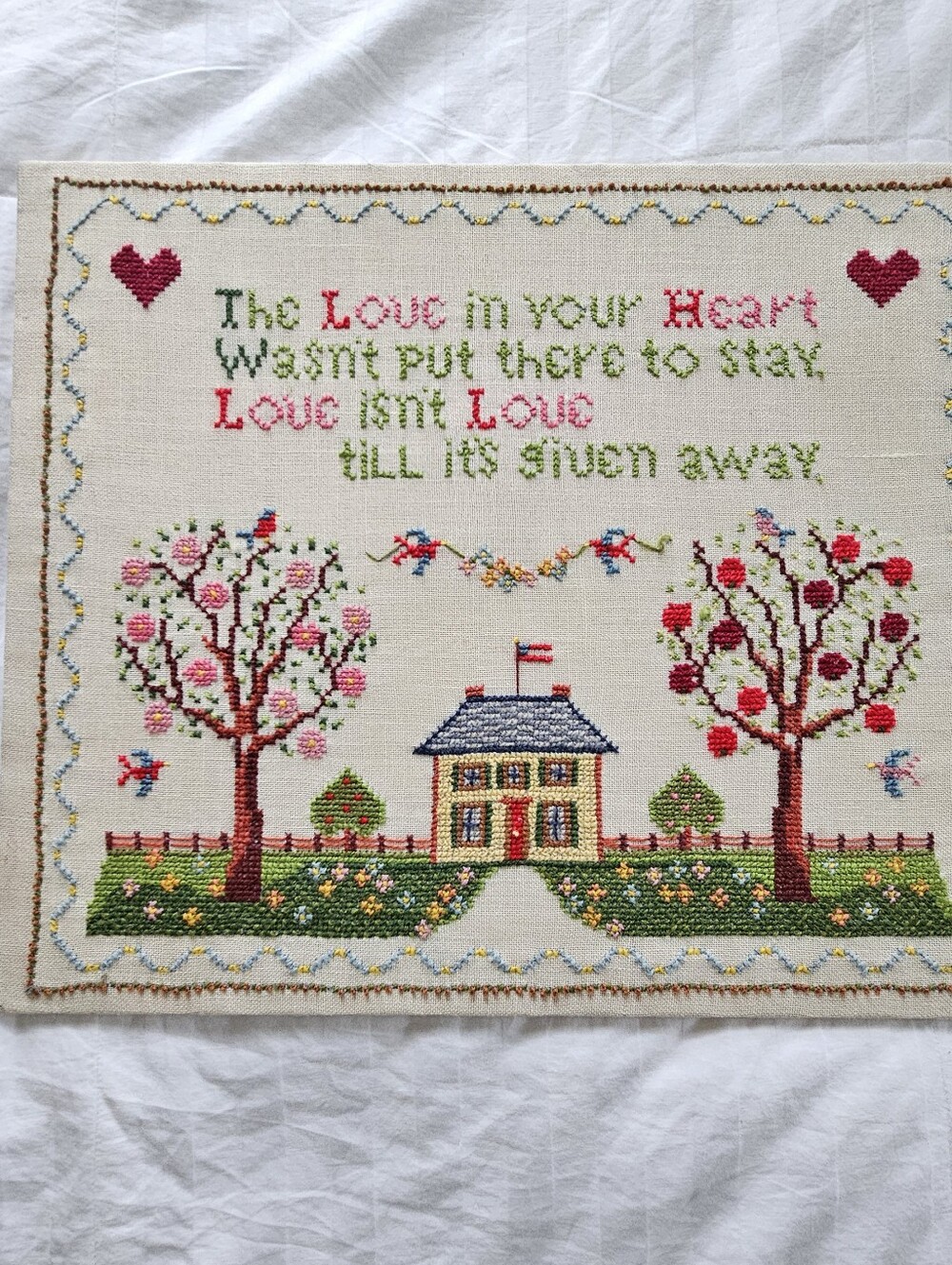 Vintage Spinnerin Stitchery Love Embroidered Cross Stitch